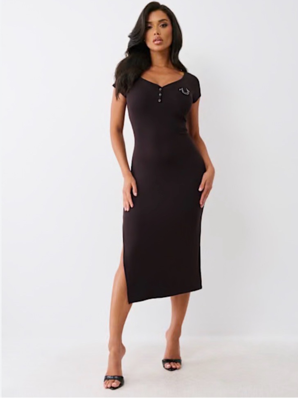 True Religion Henley Ribbed Midi Dress Black. Size L. MSRP $129